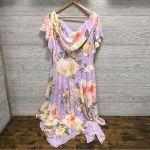 Signature Robbie Bee Floral Chiffon Dress Basque Waist Draped Neck Fairy Size 16